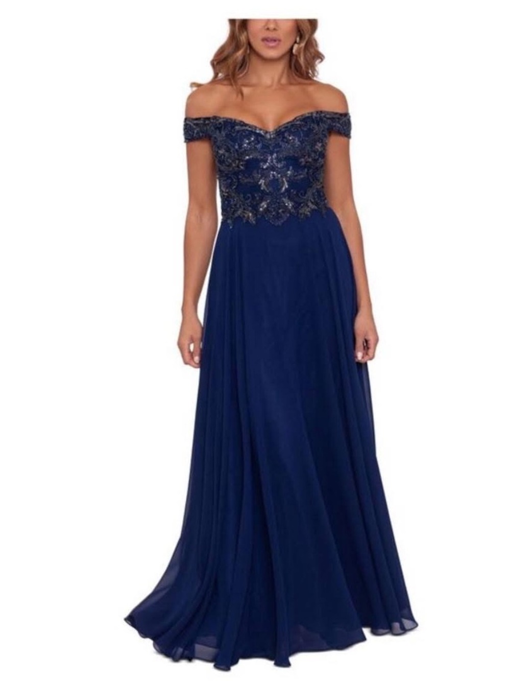 Xscape Navy Off-Shoulder Embellished Maxi Dress size 12 NEW